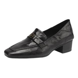 羊皮一脚蹬方头乐福鞋女山茶花春秋中跟粗跟黑色通勤小皮鞋英伦风