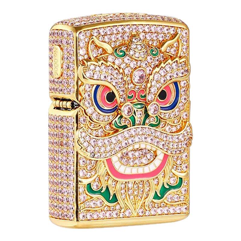 zippo正品镶钻舞狮防风打火机