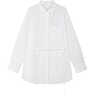 LESS白色长袖衬衫女暗门襟设计长款阔版宽松衬衣送腰带2O4210330