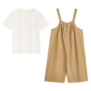 紫涵T恤背带裤套装女夏季新款简约休闲短袖上衣连体阔腿裤两件套