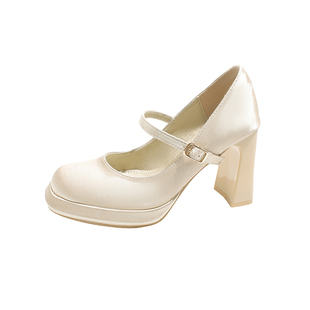 真皮~骄屿 高跟鞋女气质高级粗跟玛丽珍鞋绝美小个子增高百搭单鞋