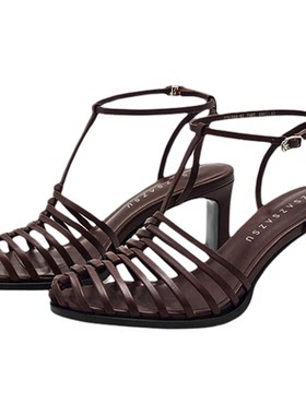 莎莎苏复古背包带式高跟罗马凉鞋