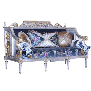 【白金汉宫】茱莉安法式手工雕刻蓝色刺绣花朵实木三位沙发组合