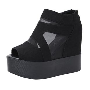 10CM坡跟超高跟凉鞋防水台内增高黑色网纱鱼嘴鞋松糕厚底镂空女鞋