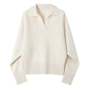 老钱风白色翻领毛衣内搭可外穿POLO连肩袖羊毛羊绒针织打底衫冬季