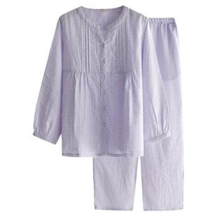 千鸟格子甜美花边睡衣女士春秋夏季纯棉纱布薄款长袖家居服套装