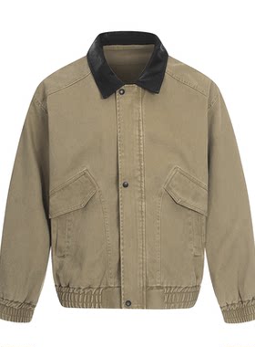 巴恩风美式pu皮拼接复古翻领大口袋工装夹克外套男女宽松棒球服潮