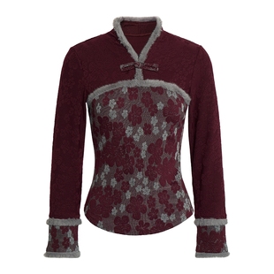 马天奴2025秋冬新款新中式红色毛绒盘扣提花上衣复古时尚国风气质