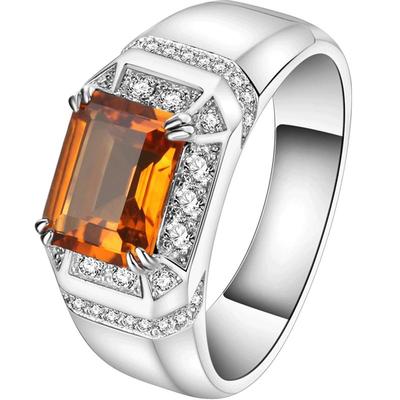 天然黄水晶纯银镀金宝石男士戒指