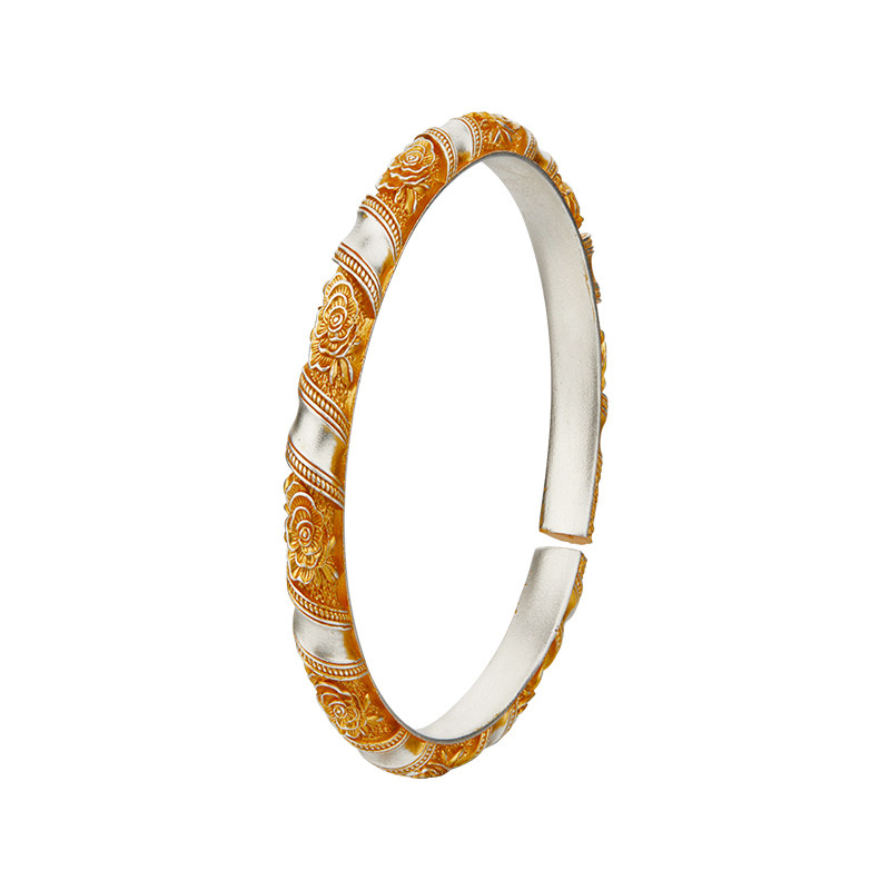 顺庆银楼足银9999描金雕花牡丹手镯女款新中式国风高级感百搭礼物