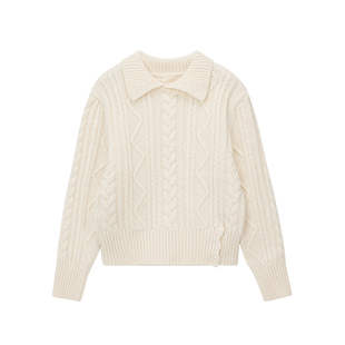 PRE PREWORKS100%纯羊毛立体绞花翻领毛衣收腰短款显瘦针织上衣