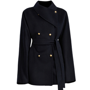 DPLAY2025年冬季新款藏青色毛呢外套女100羊毛流行双面呢子大衣