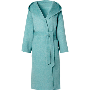 ZHUYIYI 高级感连帽双面羊绒大衣女长款收腰宽松蓝色毛呢外套冬季