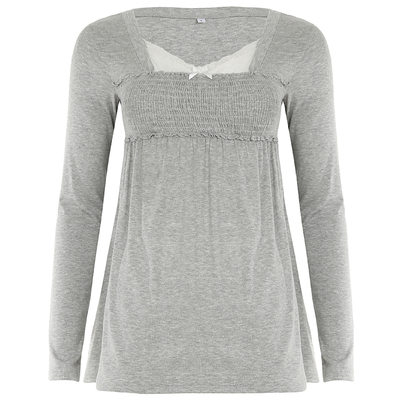 WEEKEEP 纯欲少女蕾丝拼接假两件打揽高腰A摆显瘦上衣百搭长袖T恤