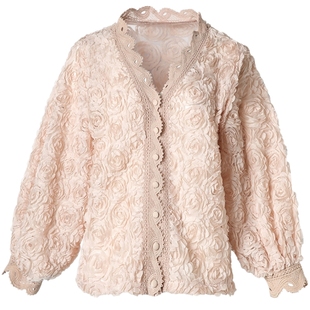 超仙女法式粉色立体玫瑰花朵蕾丝小衫2025新款春装短款气质上衣