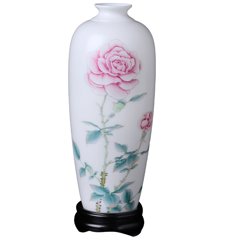 庄晓明大师羊脂玉瓷手绘月季花瓶