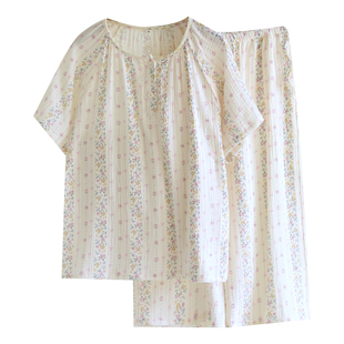 夏季女士睡衣纯棉双层棉纱薄款短袖七分裤圆领家居服两件套可外穿