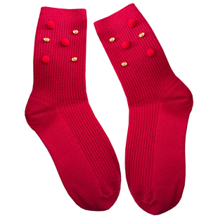 2026年大红袜子女元宝毛线花本命年属马毛球甜美加厚保暖新年袜子