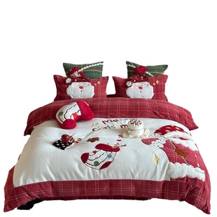 晚安猫圣诞节刺绣加厚仿羊绒四件套卡通舒适牛奶绒床单床笠床品