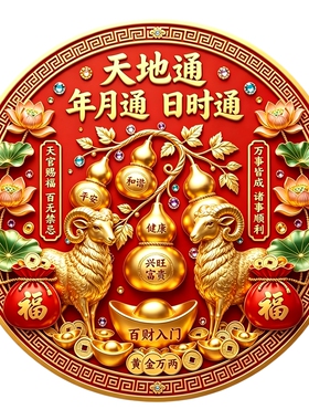 羊年福羊迎祥圆形墙贴双金羊荷花葫芦福袋纹样春节自粘装饰贴纸画