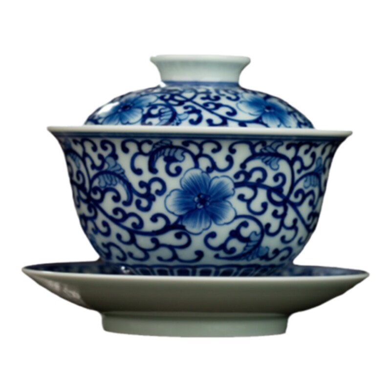 三勤堂手绘青花缠枝陶瓷泡茶碗