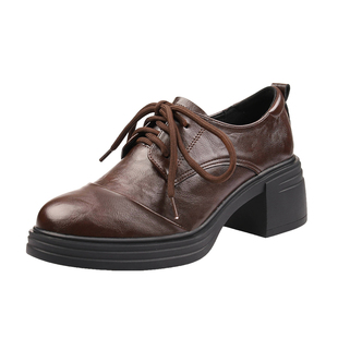 依美香2026轧戏同款英伦真皮乐福鞋女系带厚底粗跟6cm小皮鞋单鞋S