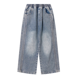 男童秋冬潮牌阔腿黑色加绒牛仔裤2026新款青少年儿童直筒宽松裤子