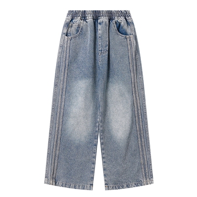 潮牌阔腿直筒加绒宽松软牛仔长裤