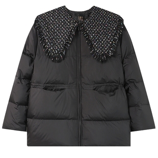 白鹿语时尚复古撞料拼接鸭绒外套冬新款披肩圆领加厚女羽绒服