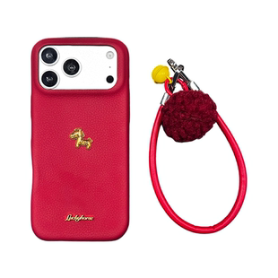 轻派新年红色皮质立体小马带挂绳适用苹果17promax手机壳iphone16pro新款15女款14本命年过年13创意全包硬壳