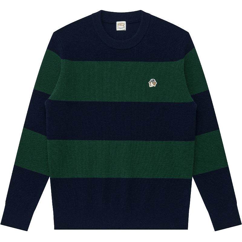 Hazzys哈吉斯男装秋冬季休闲宽松条纹撞色上衣复古毛衣保暖羊毛衫