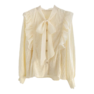 系带蝴蝶结蕾丝衫加绒加厚长袖衬衫女秋冬气质内搭打底小衫上衣杏