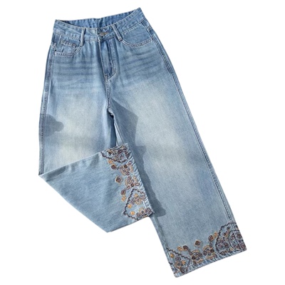 国风刺绣直筒牛仔裤女八九分裤子
