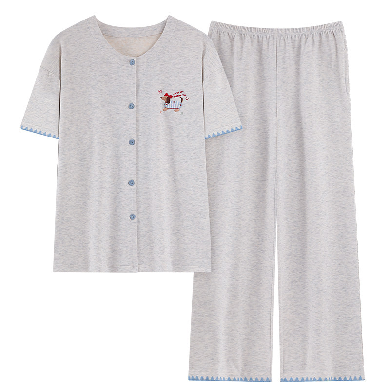 圆领开衫短袖长裤睡衣夏季女士纯棉质休闲宽松韩版家居服套装薄款