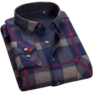 秋冬季加厚加绒保暖衬衫男士格子衬衫男长袖修身商务衬衣男寸衫