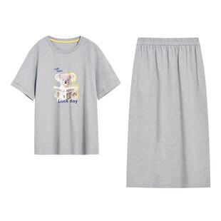 紫涵全棉宽松灰色考拉印花短袖T恤半身裙两件套装女2026夏季新款