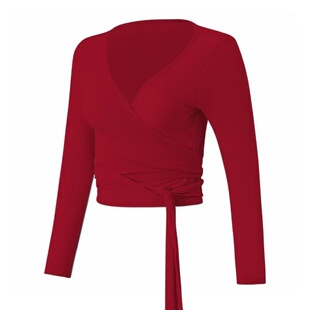 红色长袖瑜伽服罩衫女普拉提训练服健身运动上衣外穿绑带舞蹈长袖