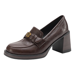 早春漂亮单鞋女款配裙子大码女鞋41到43胖脚宽40棕色粗跟高跟鞋42