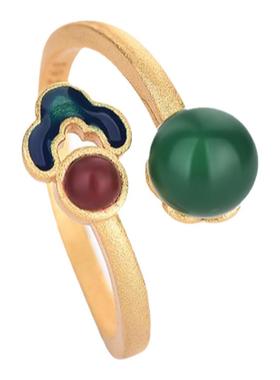 网红宫廷旗袍汉服古法金民族风珐琅彩烧蓝景泰蓝女款开口玉髓戒指