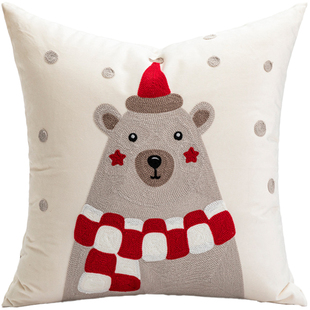 圣诞节抱枕靠垫客厅沙发床头靠枕套ins装饰刺绣红色小熊灯笼haha
