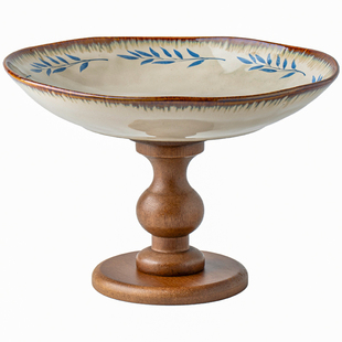 芦苇〖特别好看的果盘〗9英寸木质高脚盘客厅零食托盘陶瓷水果盘