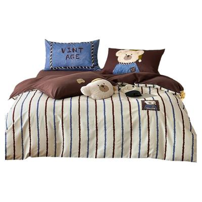 冬季卡通超柔长绒棉陶瓷磨毛四件套加厚条纹印染刺绣被套床品床笠