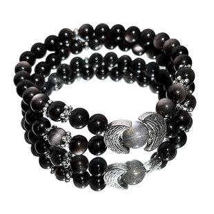 【昼夜】新中式天然水晶黑曜石银曜石多圈月亮藏银本命年手链中性