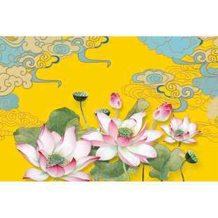 佛堂金色莲花荷花壁画祥云绸缎佛道仙背景墙纸墙布寺庙禅房墙布