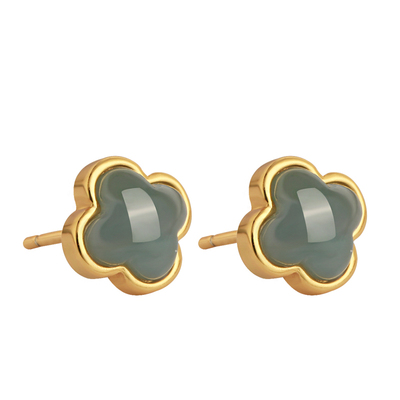 幸运四叶草天然蓝色翡翠纯银耳钉