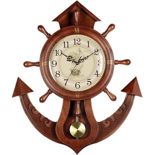 汉时舵手挂钟客厅钟表家用时钟挂墙创意轻奢地中海实木船舵挂钟