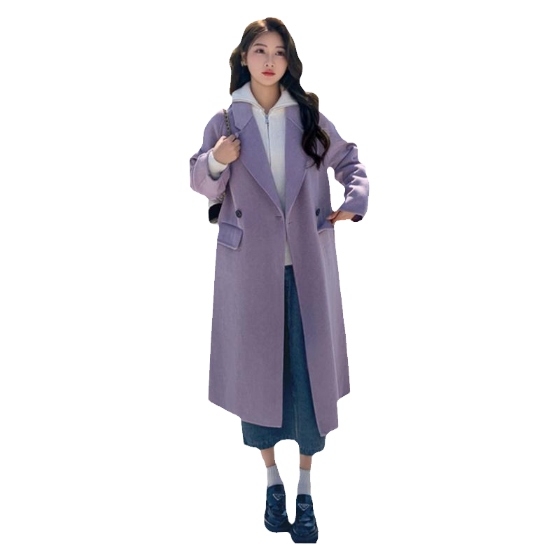 新款双面绒毛呢大衣女中长款2024秋冬韩版高级感宽松紫色呢子外套