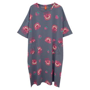 大码睡裙女纯棉薄款中短袖宽松慵懒风200斤胖M孕妇卡通中裙家居服