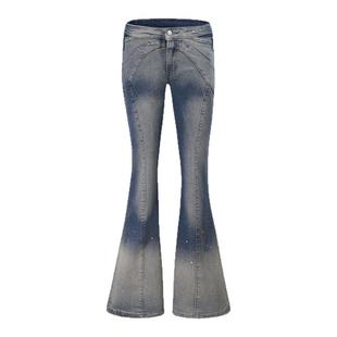 y2k千禧辣妹轻亚比文化水洗渐变烫钻露腰牛仔微喇裤女修身长裤子