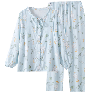新款可爱纯棉双层纱布月子服睡衣女春秋季孕期产后可哺乳居家套装